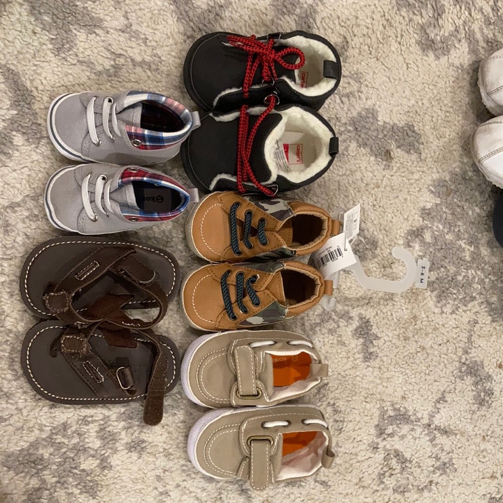 5 pairs Baby boy shoes. 4 pairs never worn. Only one has tags on it.